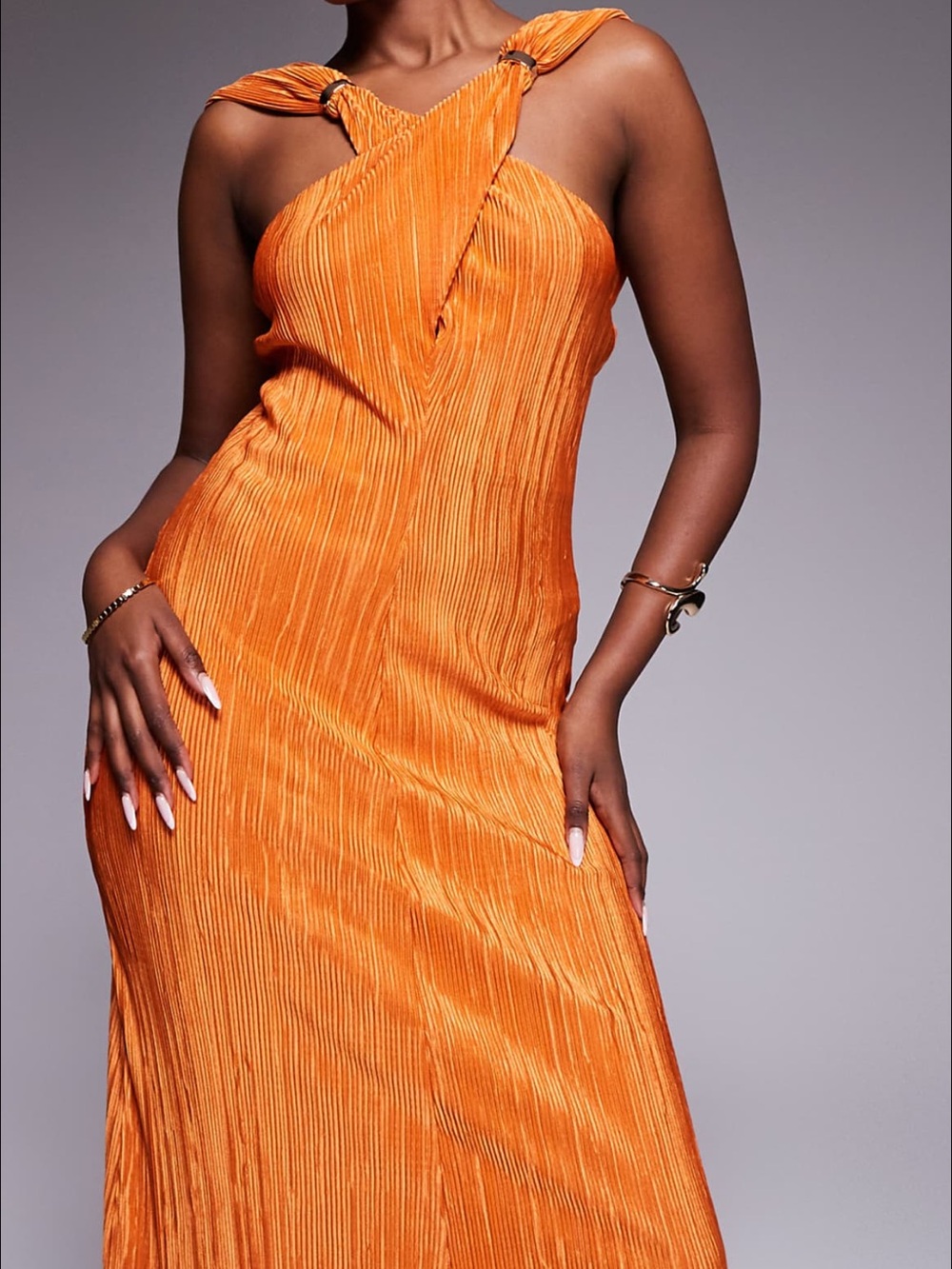 NWT ASOS Orange Halter Pleated Maxi Dress - Picture 3 of 11